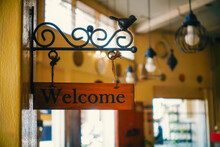  Vintage Welcome Sign Hanging, Selective Focus