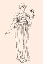 An Ancient Greek Girl In A Tunic With A Flower In Her Hand. Hand Sketch.