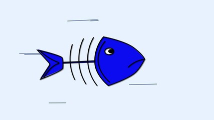 Wall Mural - Blue sad fish, fish bones, skeleton swimming in water, moving. Funny character. Light blue background.