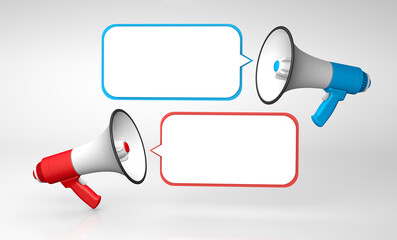 Wall Mural - Increased dialogue. Red and Blue megaphone with bubbles. Template with copy space for text for design. 3d render