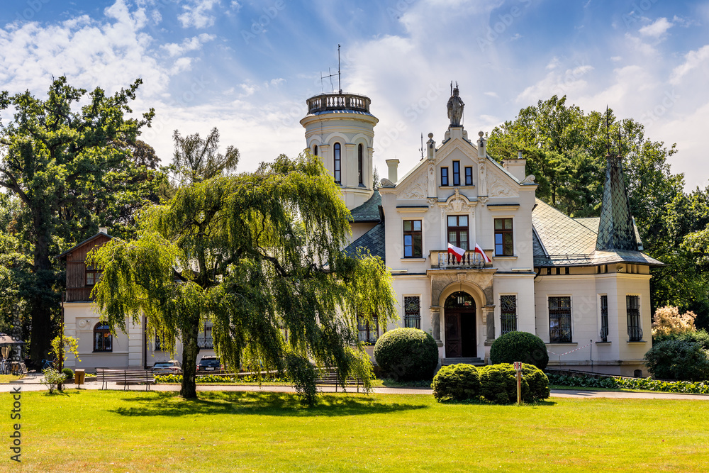 Panoramic view of historic manor house and museum of Henryk Sienkiewicz, polish novelist and journalist, Nobel Prize winner, in Oblegorek in Poland - obrazy, fototapety, plakaty 