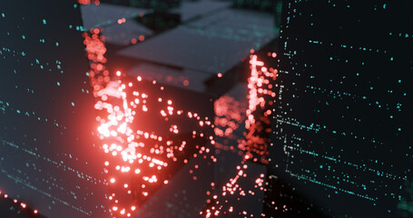 abstract panel with python code decoding data stream. matrix city with projected data on glass scree