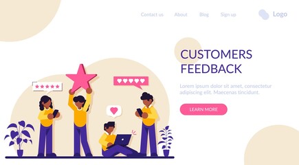 Customer reviews rating. People are holding stars, giving five star Feedback. Feedback consumer, customer review evaluation. Modern flat illustration.