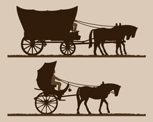 Silhouettes Of The Carriages. 
Silhouettes Of Horse-drawn Carriages With Riders. Two-wheeled And Four-wheel Carriage. Wild West Wagon Silhouette. Vector Illustration.