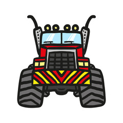 Wall Mural - Monster truck icon. Front view. Colored contour silhouette. Cartoon sketch drawing. Vector flat graphic hand drawn illustration. The isolated object on a white background. Isolate.