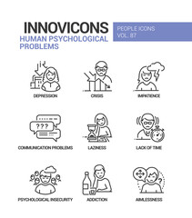 Human psychological problems line design style icons set