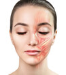 Young woman with half of face with muscles structure under skin. Over white background.