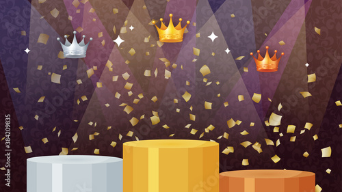 スポットライトの当たった表彰台の背景イラスト 表彰式 紙吹雪 王冠 16 9 Acquista Questo Vettoriale Stock Ed Esplora Vettoriali Simili In Adobe Stock Adobe Stock