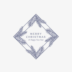 Wall Mural - Merry Christmas Abstract Botanical Card with Rhombus Frame Banner and Modern Typography. Premium Greeting Sketch Layout. Winter Holiday Emblem Concept.