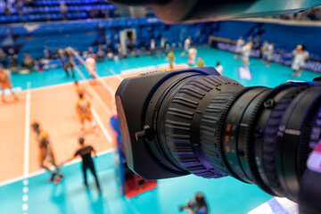 TV camera on before broadcasting a volleyball match.