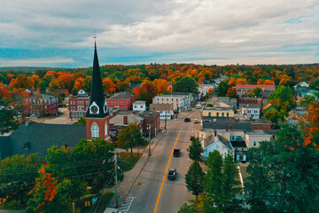 Aerial Drone Photography Of Downtown Farmington, NH (New Hampshire) During The Fall Foliage Season