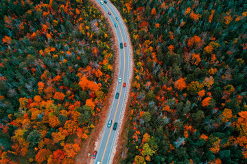 Aerial Drone Photography Of The Kancamagus Highway In Lincoln, NH (New Hampshire) During The Fall Foliage Season