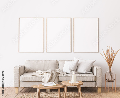 Cuadros en Lienzo Frame mockup in farmhouse living room design, white furniture on bright wall bac