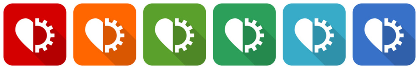 Leinwandbilder - Heart and cogwheel icon set, flat design vector illustration in 6 colors options for webdesign and mobile applications