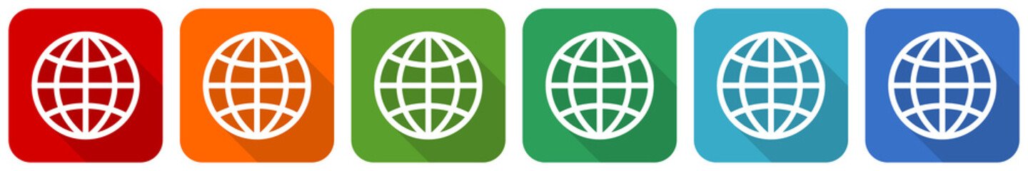 Leinwandbilder - World, globe icon set, flat design vector illustration in 6 colors options for webdesign and mobile applications