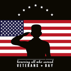 Sticker - happy veterans day lettering with usa flag and saluting soldier