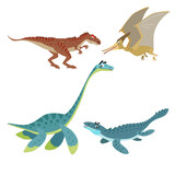Fototapeta Dziecięca - Cartoon dinosaurs set. Allosaurus, Plesiosaurus, Pteranodon and Mosasaurus. Land, flying and aquatic dinosaurs collection. Vector illustrations. Isolated on white background.