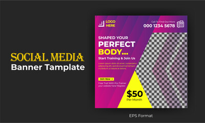 Wall Mural - Fitness square social media post, web banner template. Promotional banner for social media post, vector eps 10