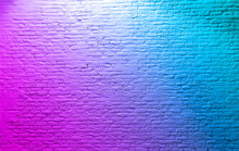 Brick Wall Neon Purple Turquoise Rustic Texture. Retro Used Vintage Structure. Grungy Shabby Neon Background. Design Element. Abstract Light With Space For Text