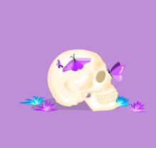 Illustration Of A Skull With Butterflies Violet Purple Background 