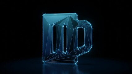 Canvas Print - 3d rendering 4k fly through wireframe neon glowing symbol of glass of beer with bright dots on dark background with blured reflection on floor