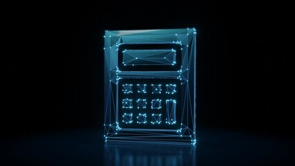 Wall Mural - 3d rendering 4k fly through wireframe neon glowing symbol of calculator with square  buttons with bright dots on dark background with blured reflection on floor