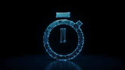 Poster - 3d rendering 4k fly through wireframe neon glowing symbol of stopwatch with bright dots on dark background with blured reflection on floor