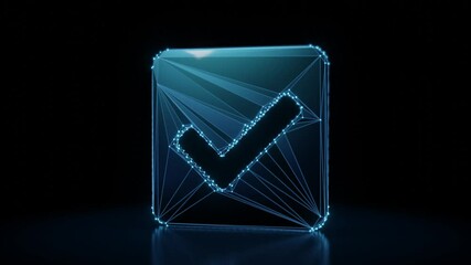 Poster - 3d rendering 4k fly through wireframe neon glowing symbol of check mark in rounded square with bright dots on dark background with blured reflection on floor