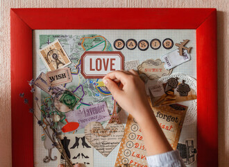 Cute girl dreaming about travel to France and creating mood board, positive thinking