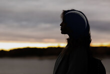 Beautiful Woman Profile Silhouette Portrait With Crescent Moon In Her Head