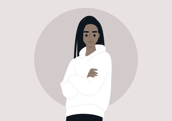 A portrait of a young black female character wearing a blank hoodie, streetwear fashion