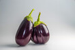 Two fresh round and oblong eggplants on a solid background.