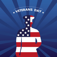 Sticker - happy veterans day lettering with officer and usa flag silhouette