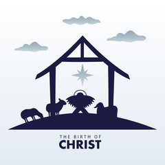 Sticker - happy merry christmas manger scene with baby and animals in stable silhouette in white background