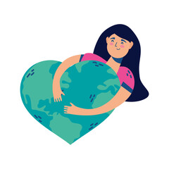 Poster - woman huging world planet earth with hearted shape