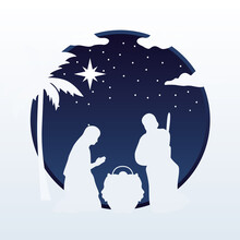 Happy Merry Christmas Manger Scene With Holy Family Silhouette At Night