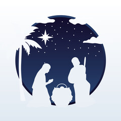 happy merry christmas manger scene with holy family silhouette at night