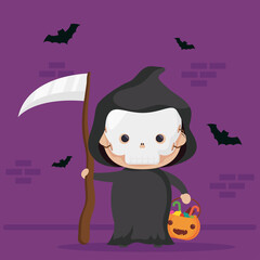 Poster - happy halloween cute death character and bats flying