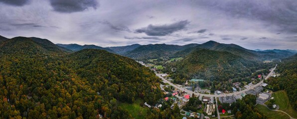 Aerial panorama of cloudy evening over Maggie Valley, North Carolina, USA