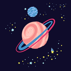 Wall Mural - Planet cartoon illustration. Colorful card cartoon abstract planet in dark background. Astronomical observatory. Mercury venus earth jupiter saturn neptun. Astronomy galaxy space. Vector illustration