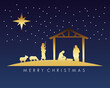 happy merry christmas manger scene with golden holy family in stable and animals