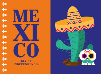 Sticker - Mexico dia de la independencia cactus with hat and skull vector design