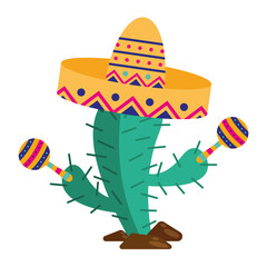 Sticker - mexican cactus with hat and maracas vector design