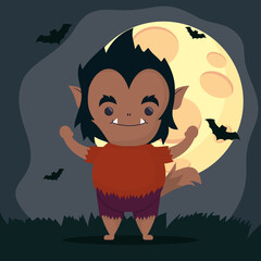 Poster - happy halloween cute wolf man character and bats flying