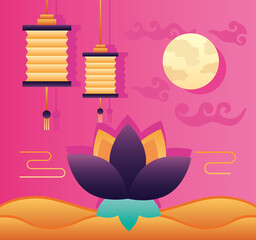 Wall Mural - happy mid autumn festival poster with fullmoon and lotus flower