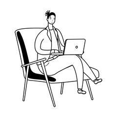 Sticker - young man working in laptop seated in sofa