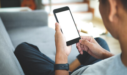 Wall Mural - cropped shot of a young man using mobile phone with empty screen and sitting on sofa in living room 