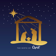 Happy Merry Christmas Manger Scene With Golden Holy Family In Stable Silhouette