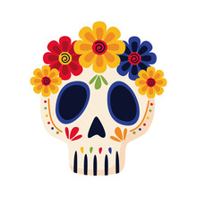 Traditional Mexican Skull Head With Flowers Flat Style Icon