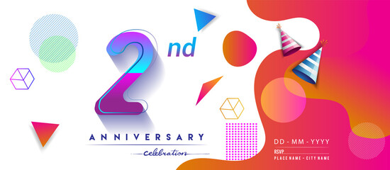 2nd years anniversary logo, vector design birthday celebration with colorful geometric background and circles shape.